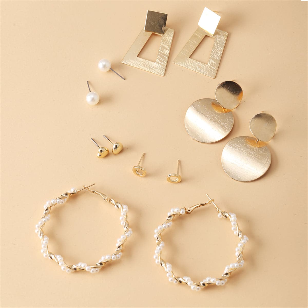 Pearl and 18K Gold-Plated Geometric Stud and Drop Earrings Set, gold stud earrings for women, detail close-up