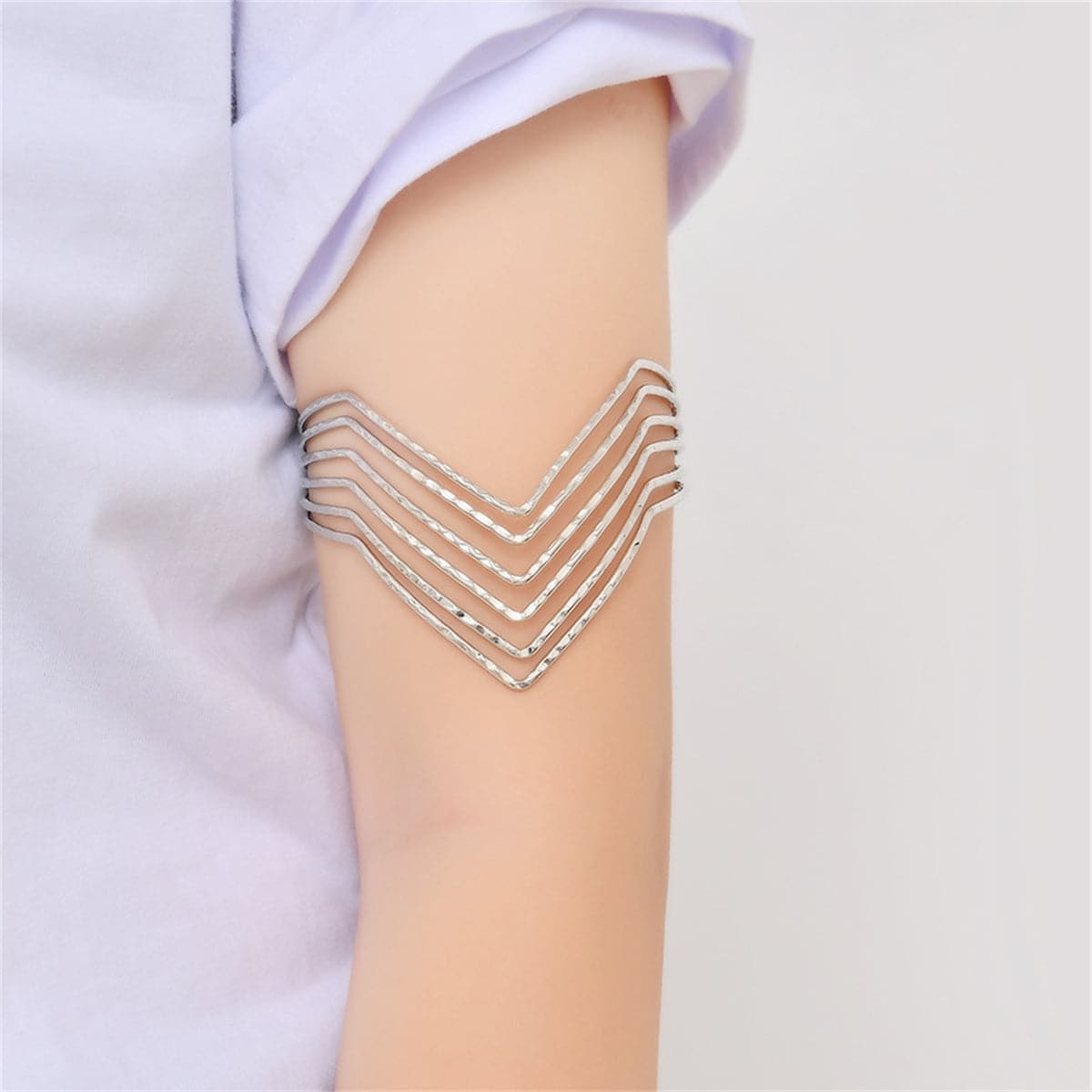 Silver-Plated Open Chevron Arm Cuff, vintage-inspired design, front view