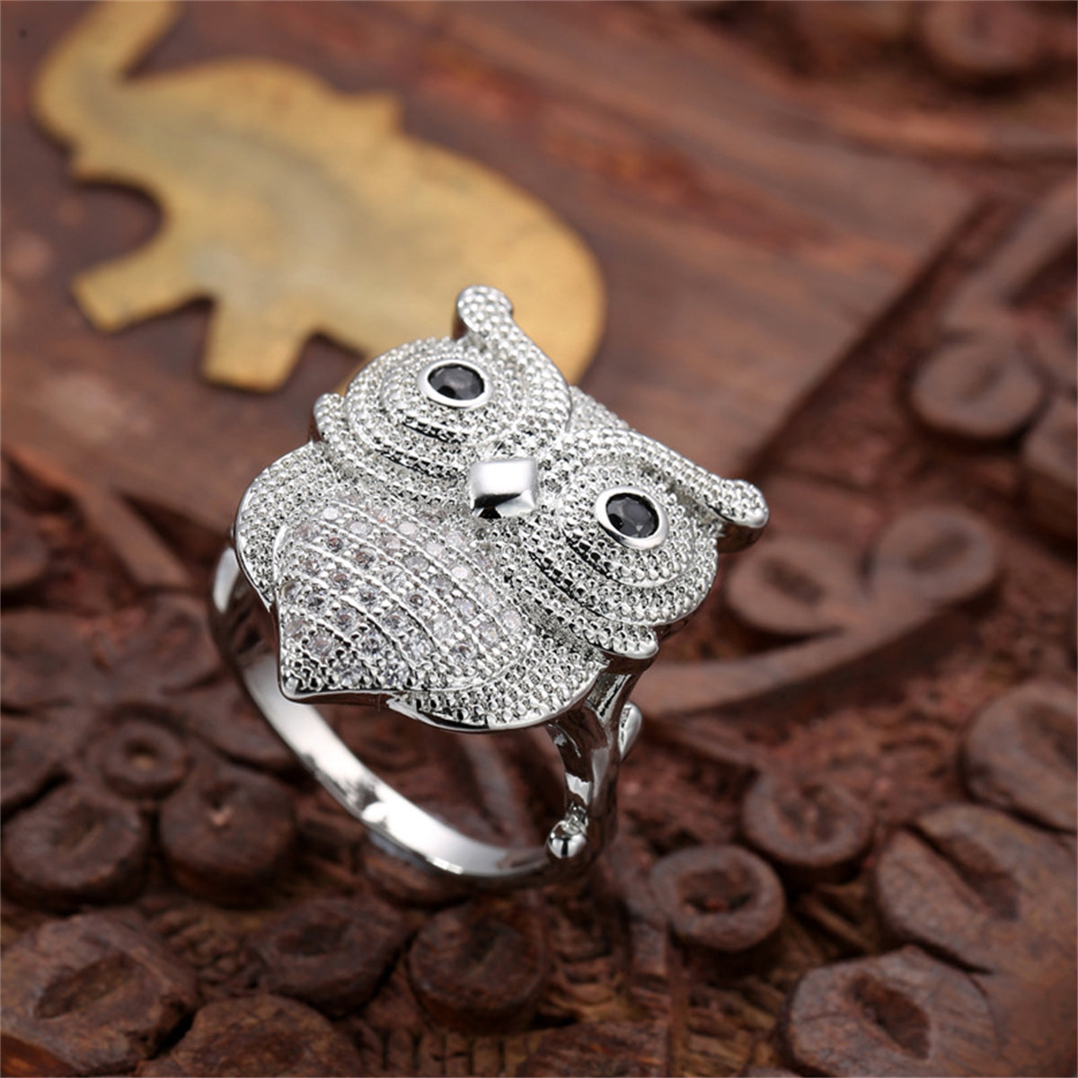 Cubic Zirconia & Silver-Plated Owl Ring