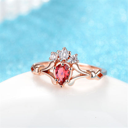 Red Crystal and Cubic Zirconia Crown Ring, statement rings for women, botanical inspired, detail close-up