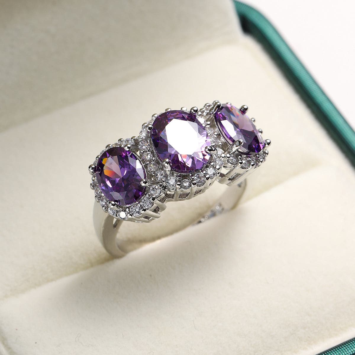 Purple Crystal and Cubic Zirconia Oval-Cut Ring, statement rings for women, elegant gift for her, side view
