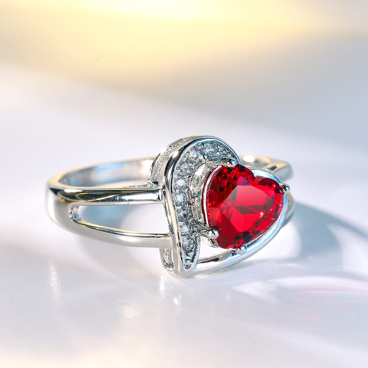 Red Crystal and Cubic Zirconia Heart Asymmetrical Ring, statement rings for women, everyday style, detail close-up