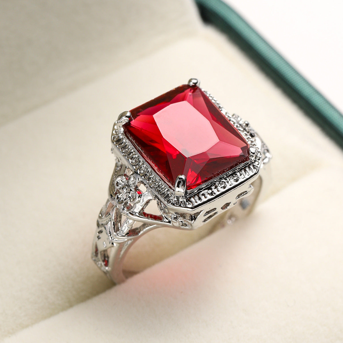 Red Crystal and Silver-Plated Openwork Floral Princess-Cut Ring, jewelry gift sets for women, botanical inspired, front view