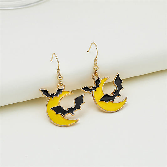 Yellow Enamel and 18K Gold-Plated Bat Moon Drop Earrings, gold drop earrings for women, vintage-inspired design, front view