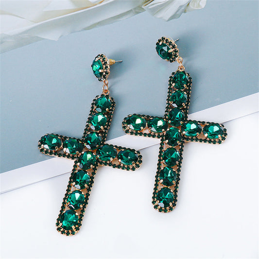 Green Crystal and Cubic Zirconia Cross Drop Earrings, drop earrings for women, vintage-inspired design, front view