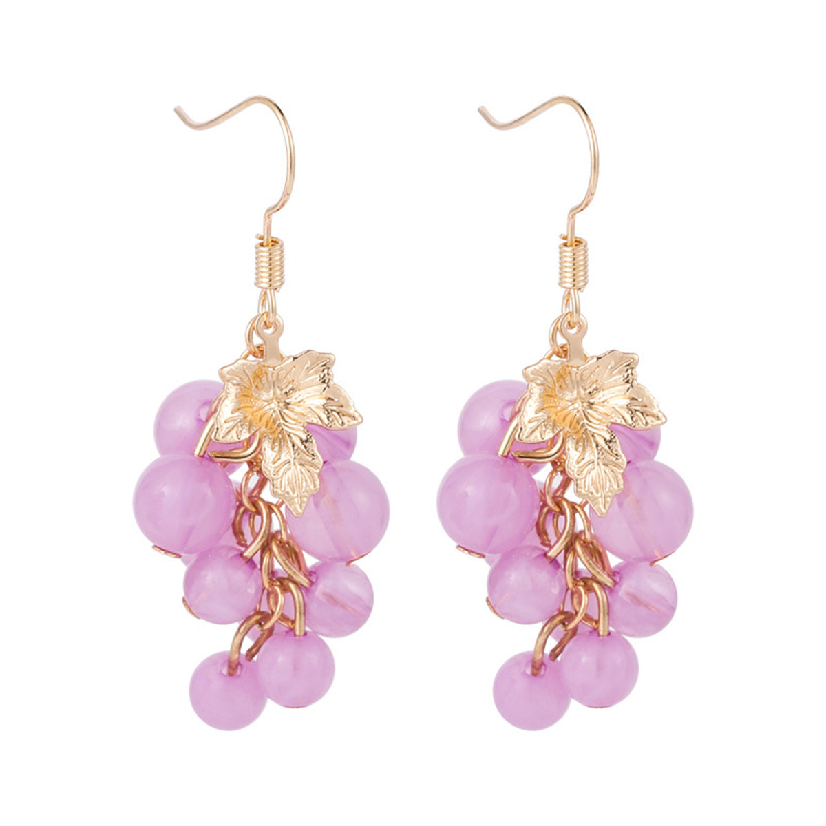 Purple Acrylic and 18K Gold-Plated Grape Drop Earrings, gold drop earrings for women, dainty minimalist design, front view