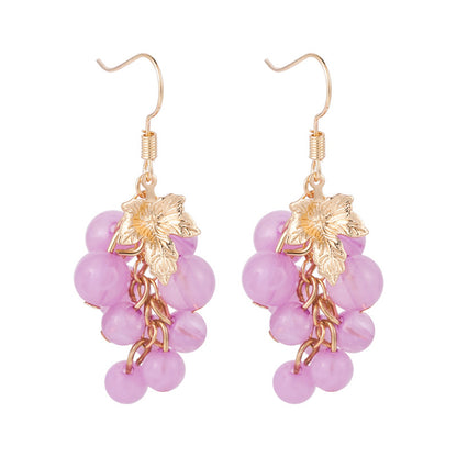 Purple Acrylic and 18K Gold-Plated Grape Drop Earrings, gold drop earrings for women, dainty minimalist design, front view