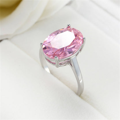 Pink Crystal and Silver-Plated Oval-Cut Ring, silver statement rings for women, dainty minimalist design, front view