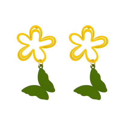 Yellow and Green Floral Butterfly Drop Earrings, drop earrings for women, botanical inspired, front view