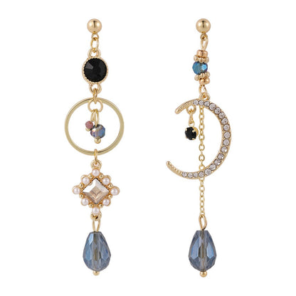 Cubic Zirconia and Crystal Pearl Moon Asymmetrical Drop Earrings, drop earrings for women, elegant gift for her, side view