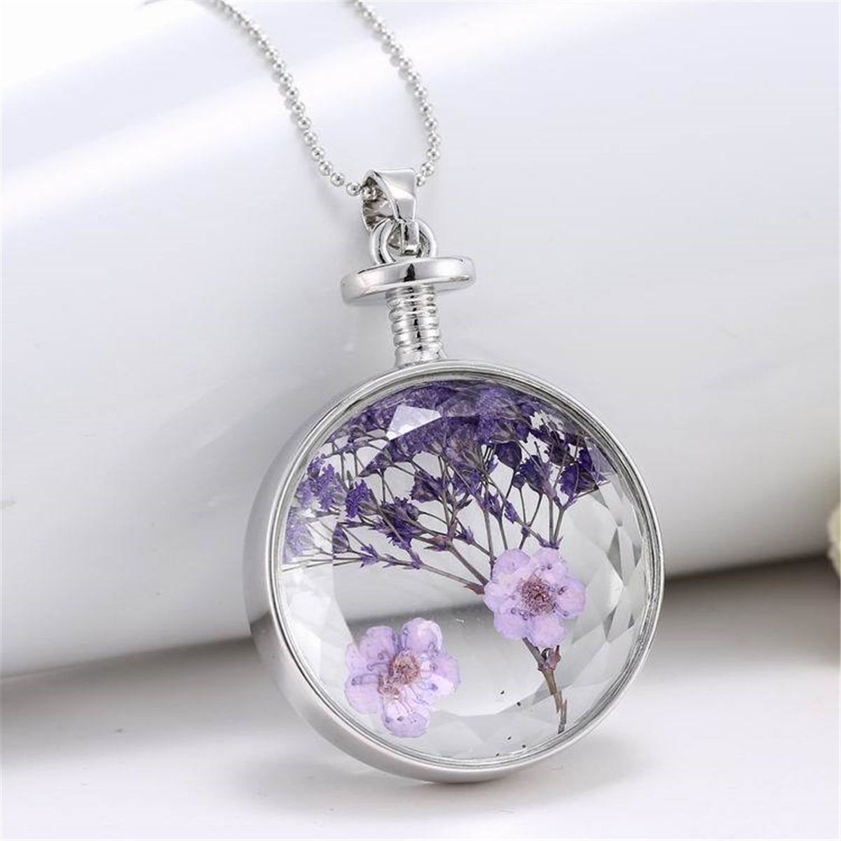 Purple Peach Blossom and Silver-Plated Round Pendant Necklace, silver pendant necklace for women, lifestyle look