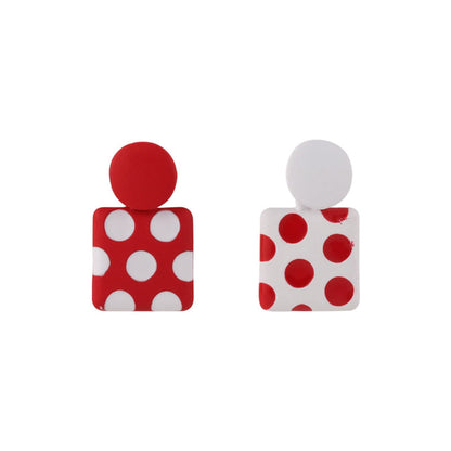 Red Enamel and Silver-Plated Spot Square Drop Earrings, silver drop earrings for women, dainty minimalist design, front view