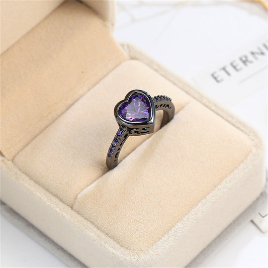 Purple Crystal and Purple Cubic Zirconia Pavé Heart-Cut Ring, statement rings for women, dainty minimalist design, front view