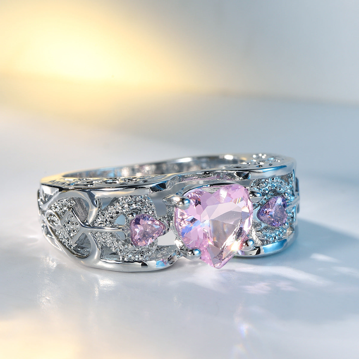 Pink Crystal and Cubic Zirconia Heart Band Ring, jewelry gift sets for women, elegant gift for her, styled look