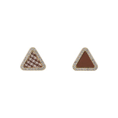 Cubic Zirconia & Brown Polystyrene Houndstooth Triangle Stud Earrings
