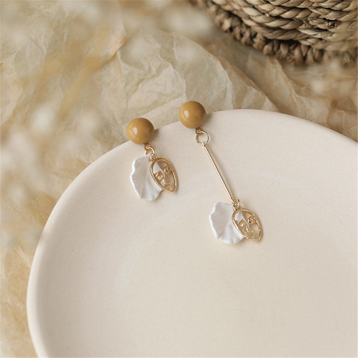 Taupe Acrylic and Shell Face Asymmetrical Drop Earrings, drop earrings for women, everyday style, front view