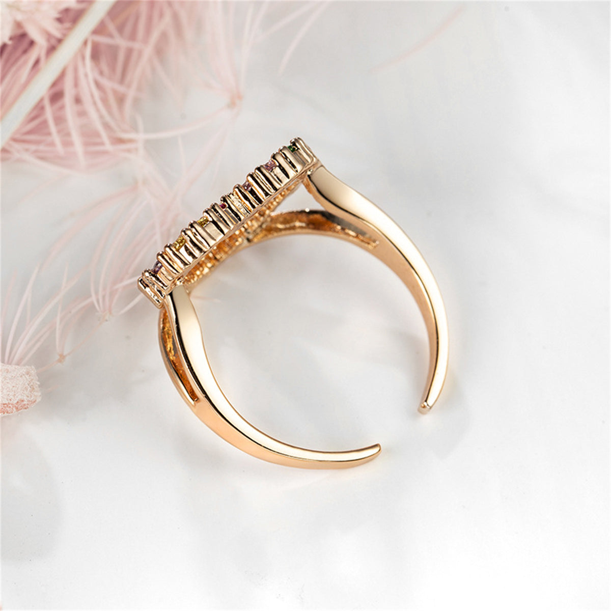 Red Cubic Zirconia and 18K Rose Gold-Plated Open Heart Ring, rose gold statement rings for women, detail close-up