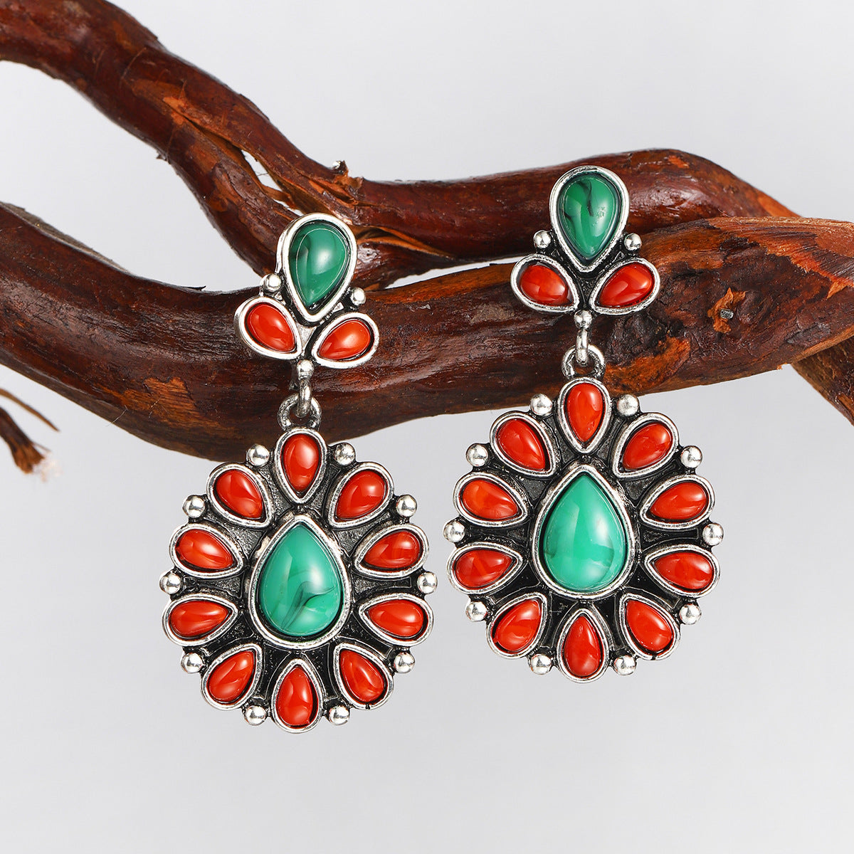 Red Resin & Turquoise Silver-Plated Oval Drop Earrings