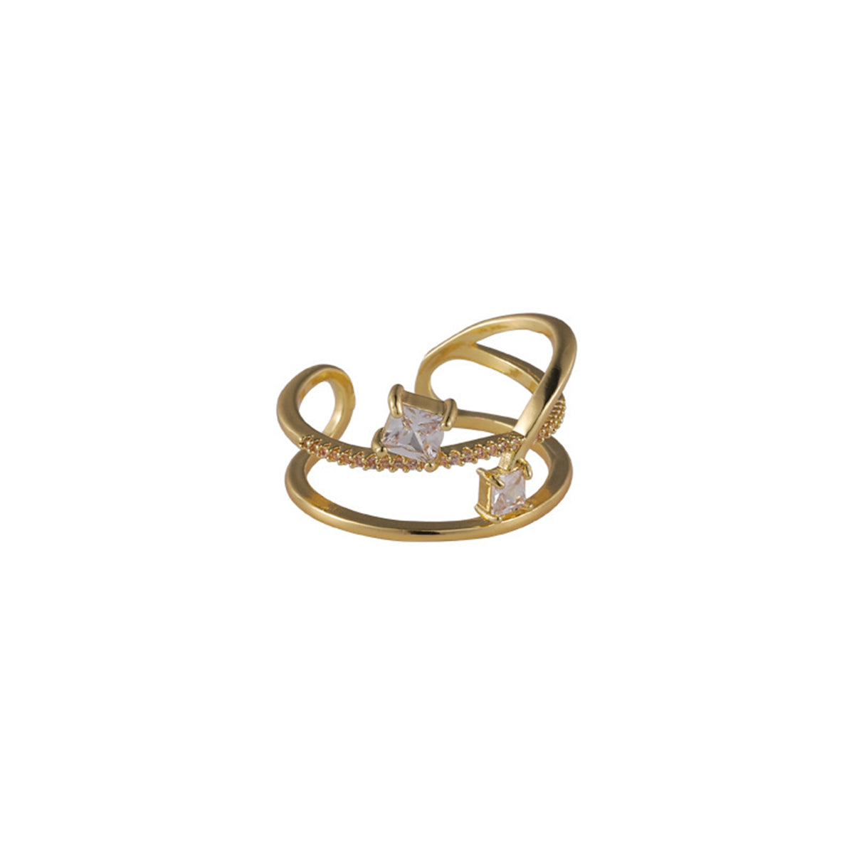 Cubic Zirconia and Crystal 18K Gold-Plated Botany Open Ring, gold statement rings for women, front view