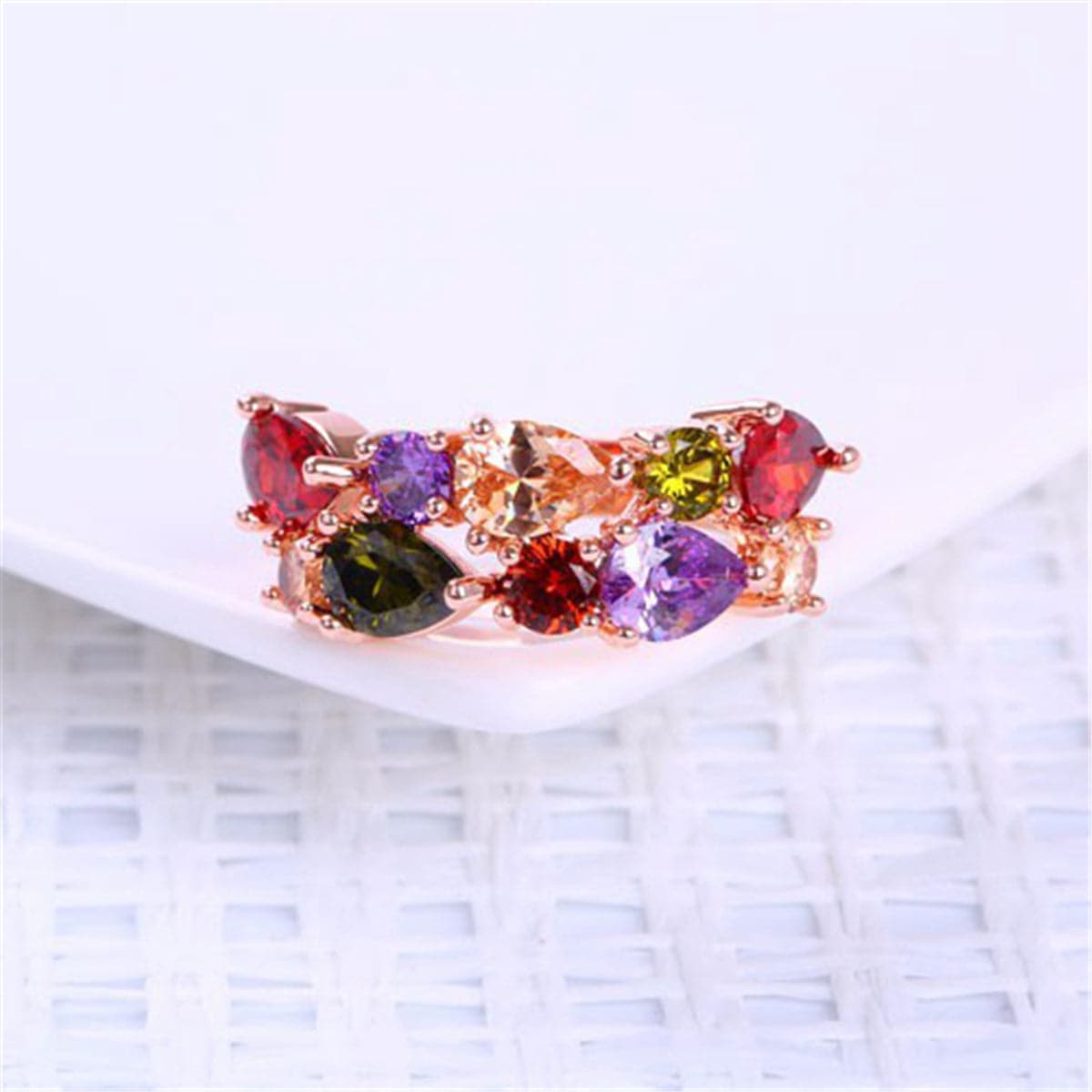 Crystal and 18K Rose Gold-Plated Pear-Cut Cluster Ring, dainty minimalist design, detail close-up
