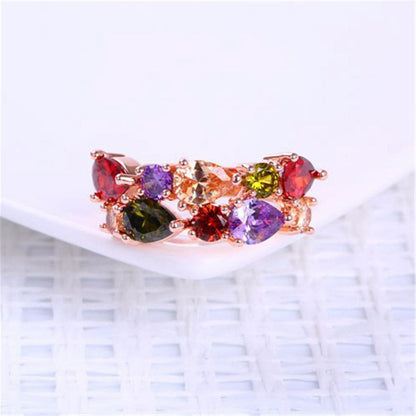 Crystal and 18K Rose Gold-Plated Pear-Cut Cluster Ring, dainty minimalist design, detail close-up