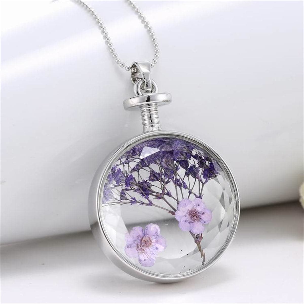 Purple Peach Flower and Silver-Plated Round Pendant Necklace, silver pendant necklace for women, front view