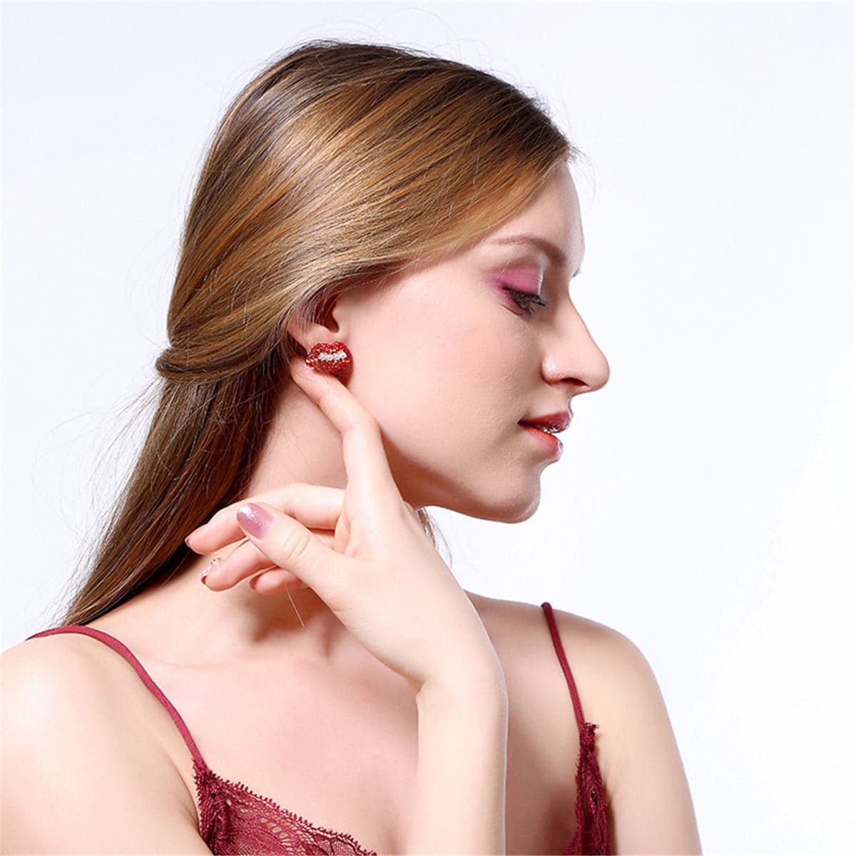 Imitation Pearl & Red cubic zirconia Lips Stud Earrings - streetregion