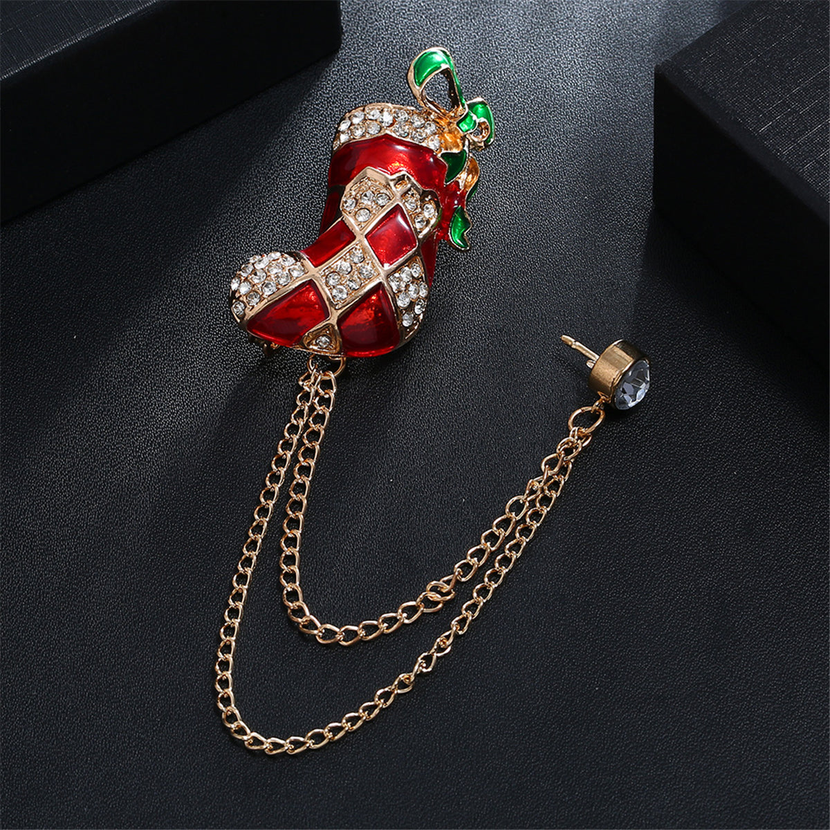 Red Enamel and Cubic Zirconia 18K Gold-Plated Stocking Boot Chain Brooch, gold brooch pin, vintage-inspired design, side view
