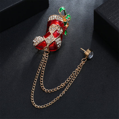 Red Enamel and Cubic Zirconia 18K Gold-Plated Stocking Boot Chain Brooch, gold brooch pin, vintage-inspired design, side view