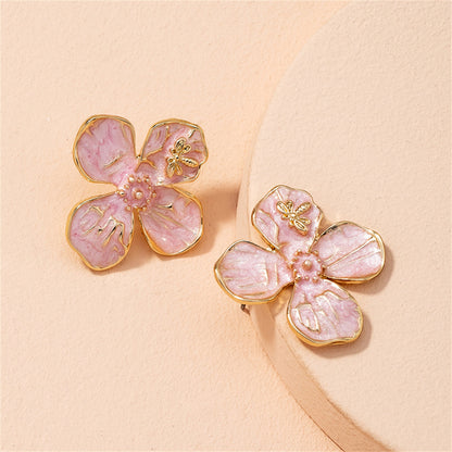 Pink Enamel and 18K Gold-Plated Bee Flower Stud Earrings, gold stud earrings for women, everyday style, styled look