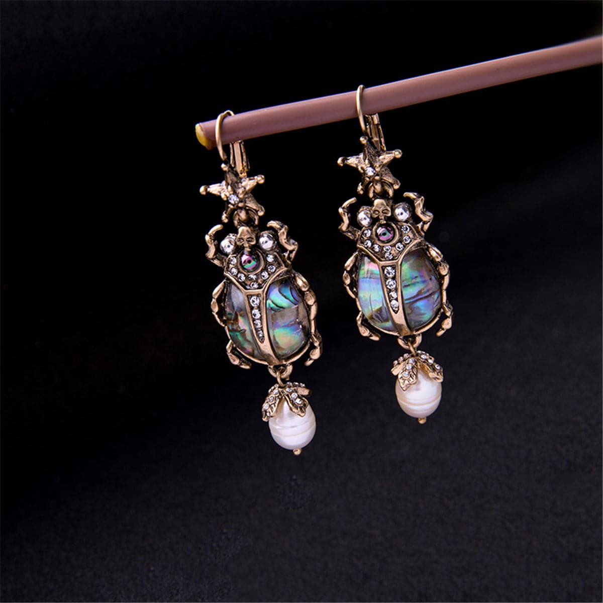 Pearl & Cubic Zirconia Beetle Drop Earrings