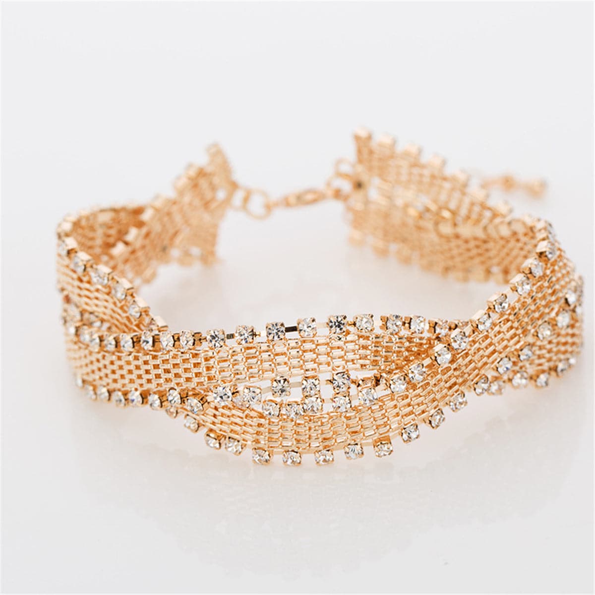 Cubic Zirconia and 18K Gold-Plated Crossing Weaving Bracelet, gold bracelet for women, dainty minimalist design, front view