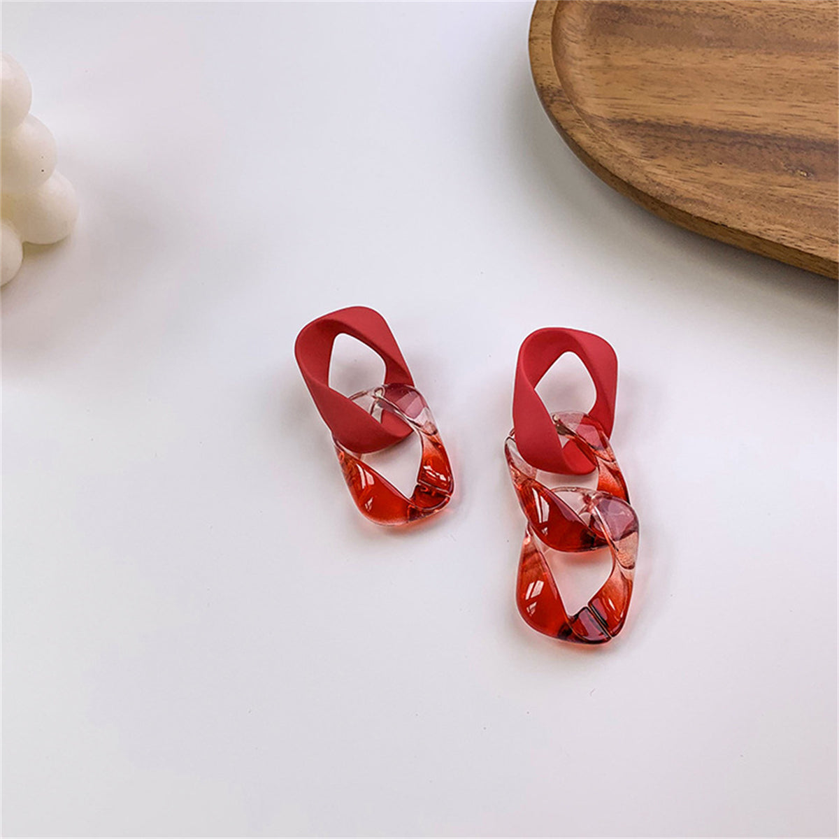 Red and White Mismatch Chain Drop Earrings, drop earrings for women, everyday style, side view