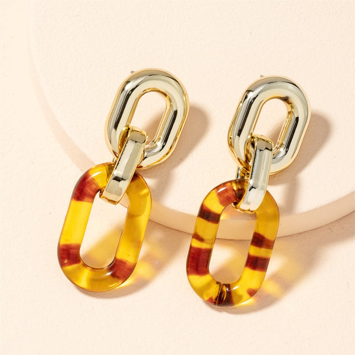 Brown Resin and 18K Gold-Plated Chain Link Drop Earrings, gold drop earrings for women, dainty minimalist design, front view