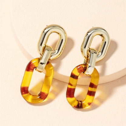 Brown Resin and 18K Gold-Plated Chain Link Drop Earrings, gold drop earrings for women, dainty minimalist design, front view