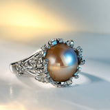 Champagne Imitation Pearl & Cubic Zirconia Floral Botany Ring
