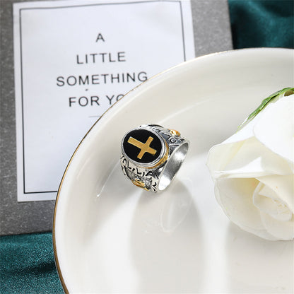 Black and Two-Tone Engraved Cross Band, statement rings for women, everyday style, detail close-up