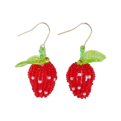 Red and Green Strawberry Drop Earrings, drop earrings for women, elegant gift for her, front view