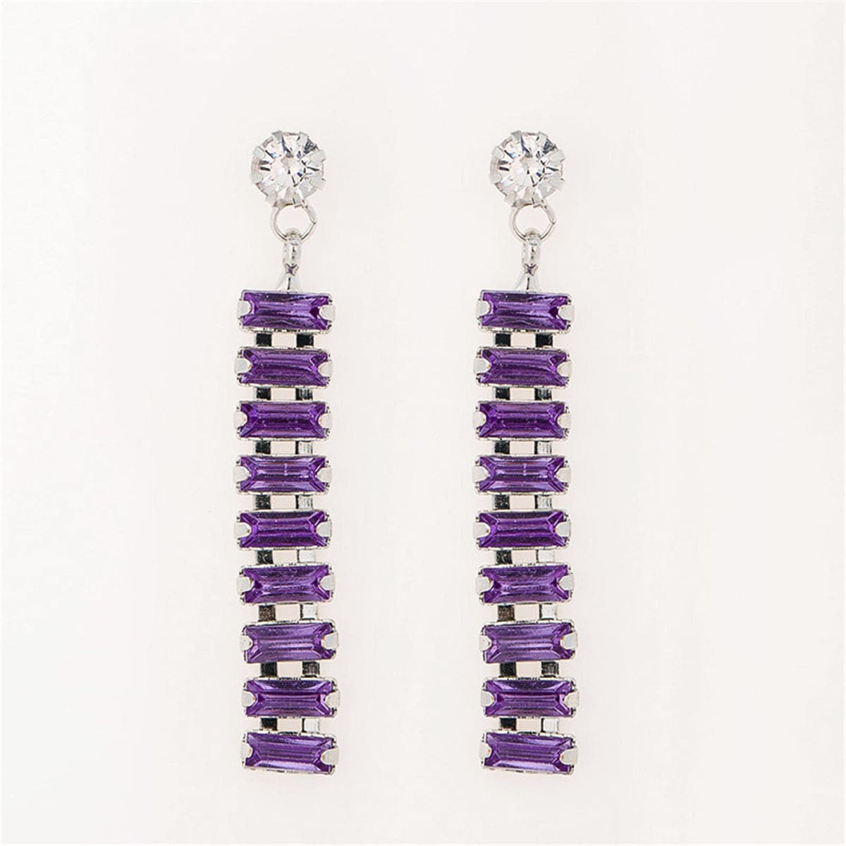 Purple & Silver-Plated Baguette Ladder Drop Earrings