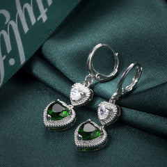 Green Crystal & Silver-Plated Heart Drop Earrings