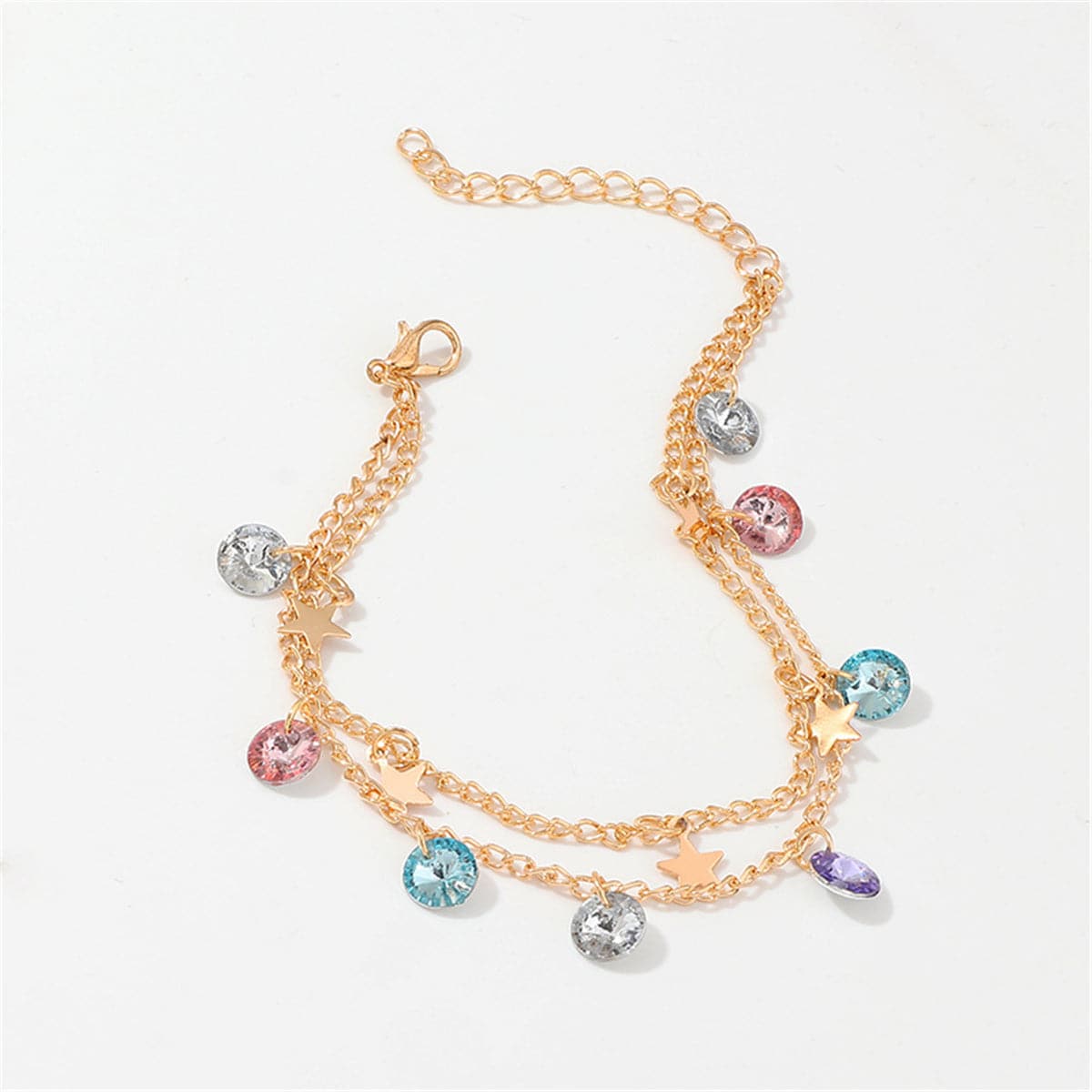 Colored Crystal & 18K Gold-Plated Star Layered Station Anklet