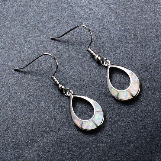 White Opal Open Teardrop Earrings, drop earrings for women, botanical inspired, front view