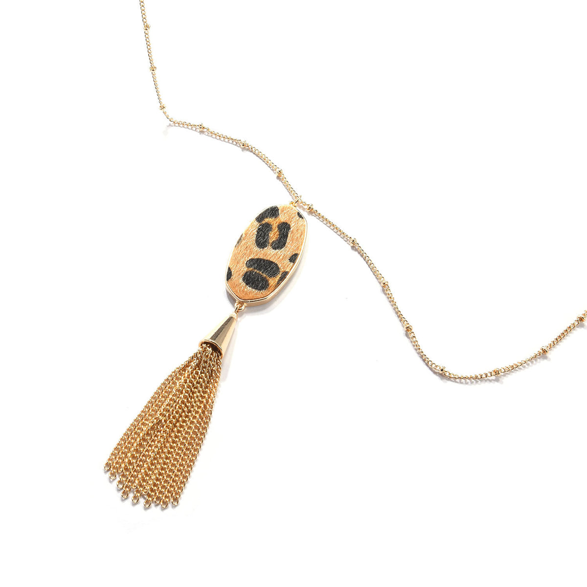Tan Polyurethane and 18K Gold-Plated Slender Oval Tassel Pendant Necklace, gold pendant necklace for women, lifestyle look