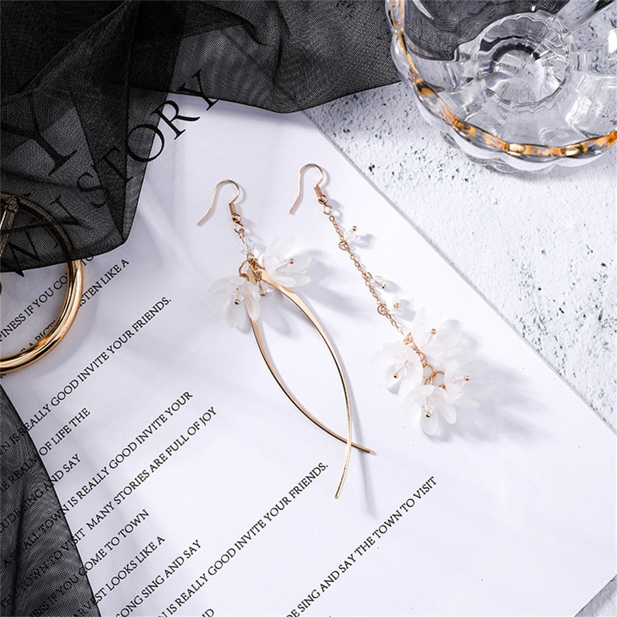 Clear Acrylic & 18K Gold-Plated Floral Asymmetric Drop Earrings