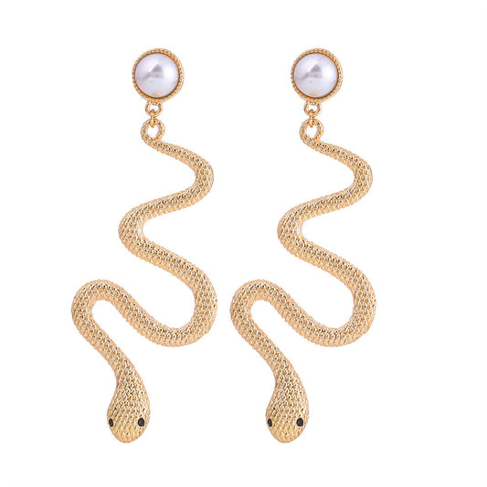 Pearl and 18K Gold-Plated Snake Cut Drop Earrings, gold drop earrings for women, dainty minimalist design, front view