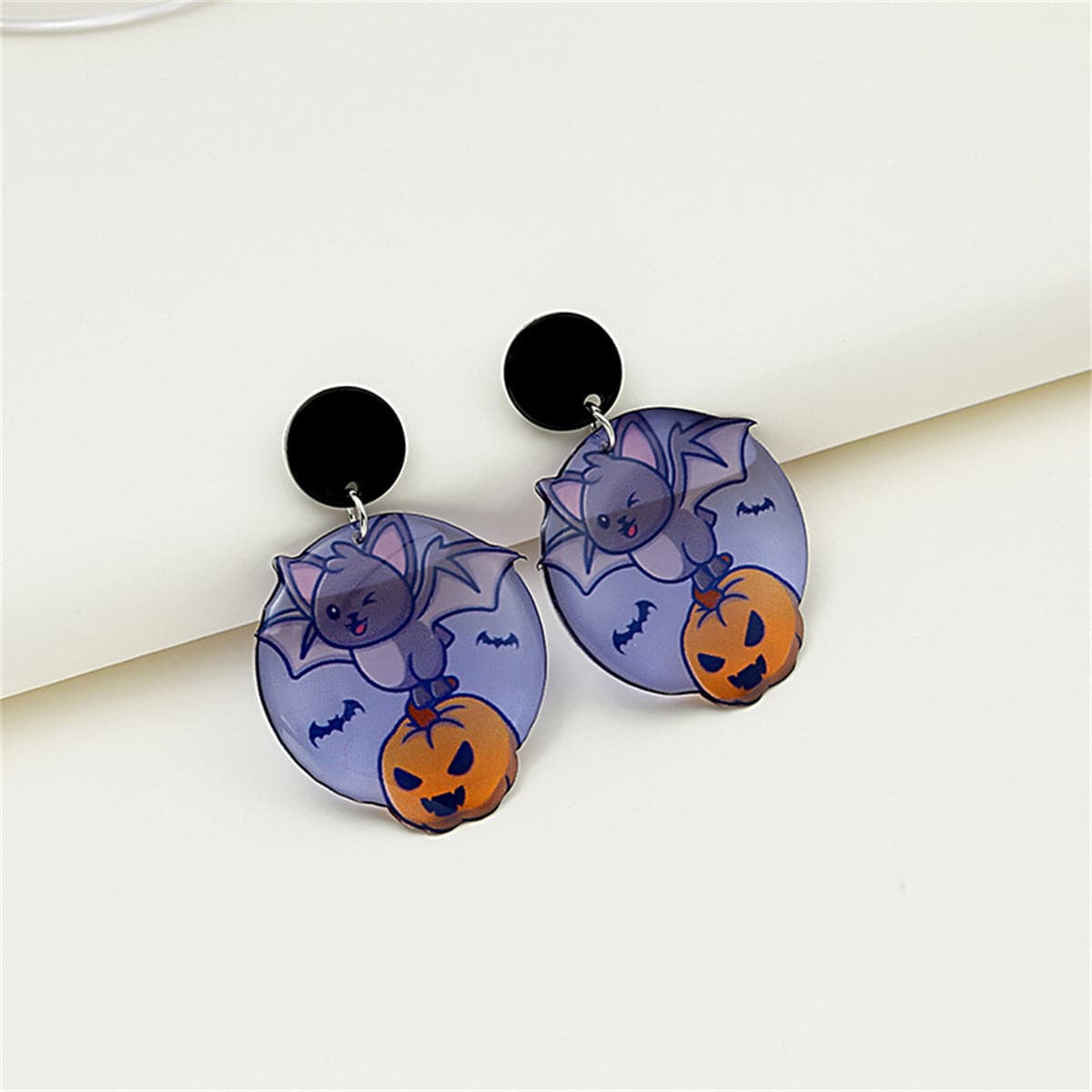 Purple and Black Bat Pumpkin Drop Earrings, drop earrings for women, everyday style, front view