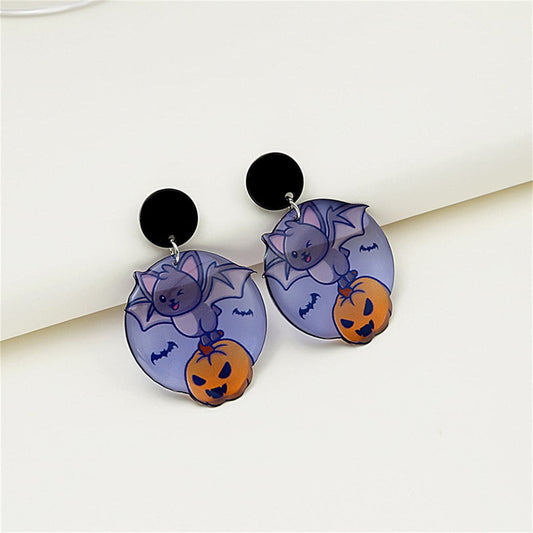 Purple and Black Bat Pumpkin Drop Earrings, drop earrings for women, everyday style, front view