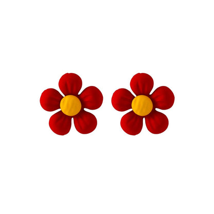 Red Enamel and Silver-Plated Flower Stud Earrings, silver stud earrings for women, botanical inspired, front view