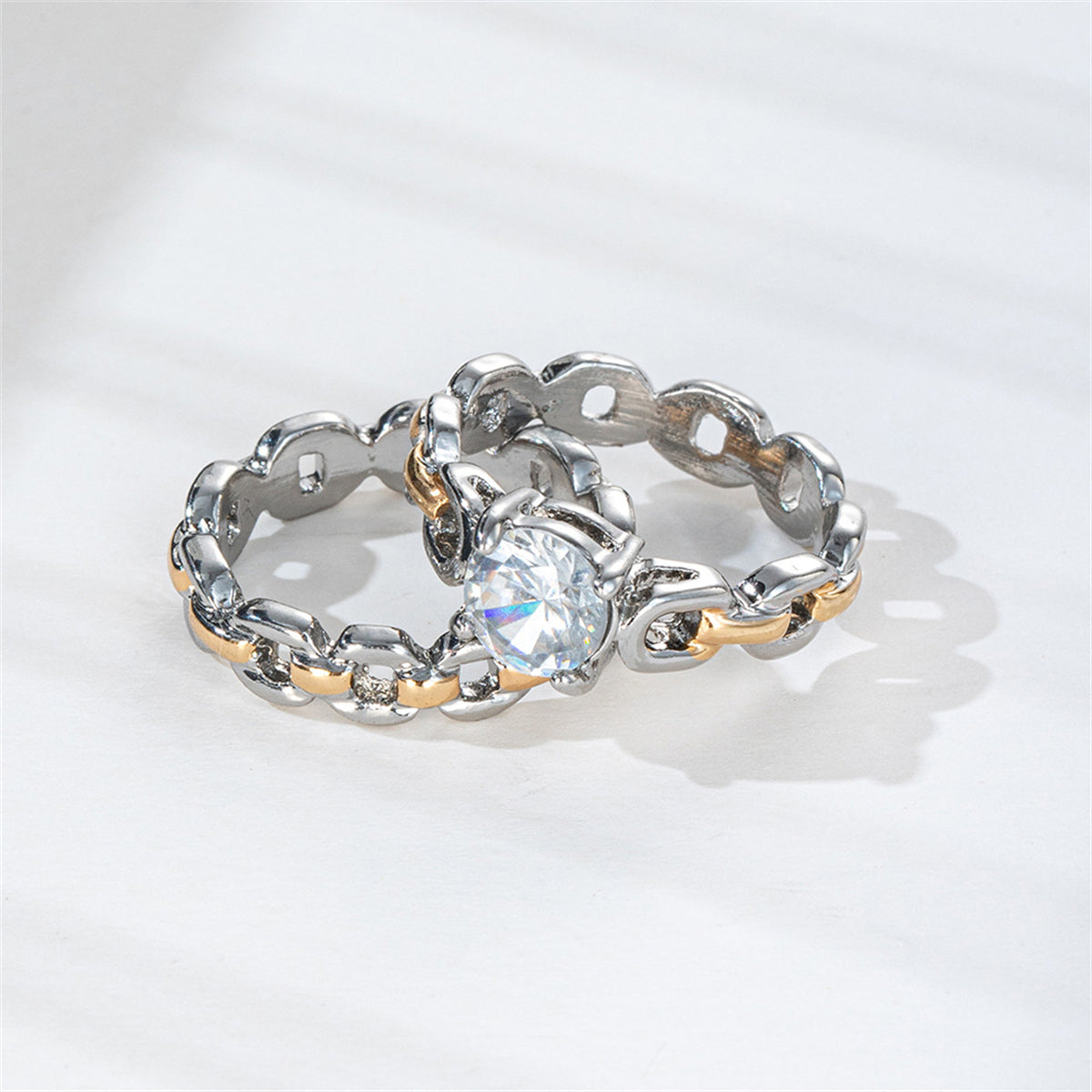 Crystal and Two-Tone Chain Ring Set, jewelry gift sets for women, dainty minimalist design, detail close-up