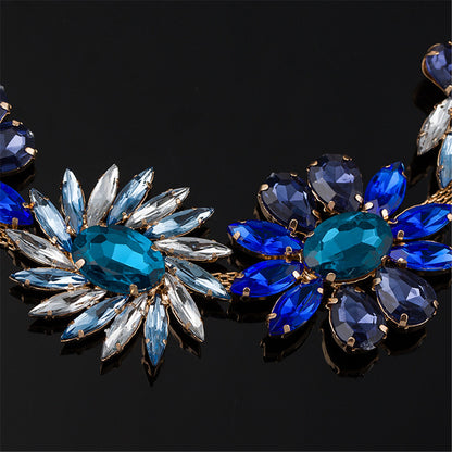 Blue Crystal and 18K Gold-Plated Flower Cluster Statement Necklace, gold pendant necklace for women, lifestyle look